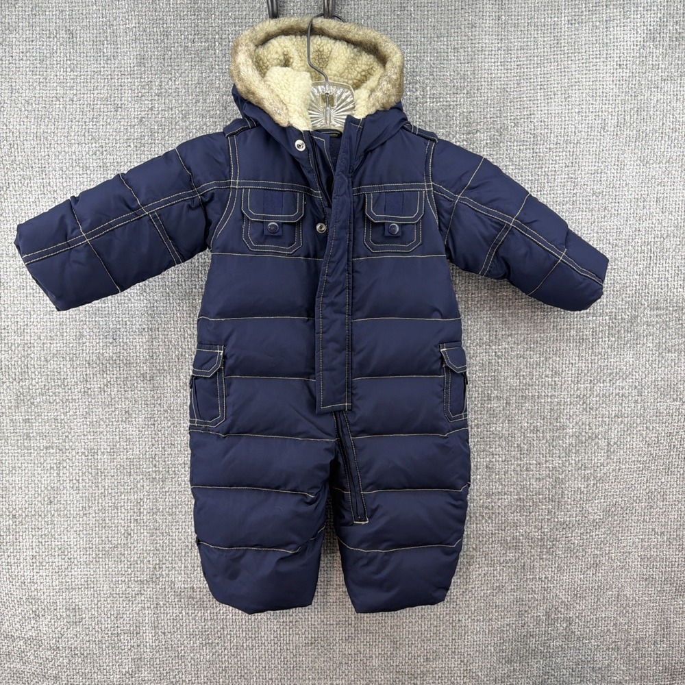 Baby Gap 3-6 Months Down Filled Cargo Pocket Down Faux‎ Fur Hooded Snowsuit Navy